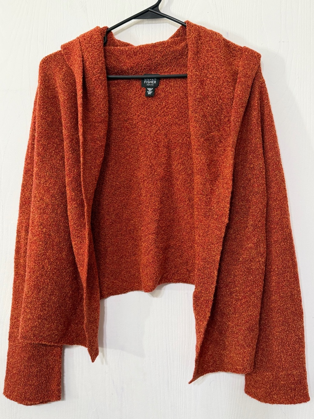 Eileen Fisher Italian Yarn Hooded Open Front Sweater Cardigan Fall Orange Petite